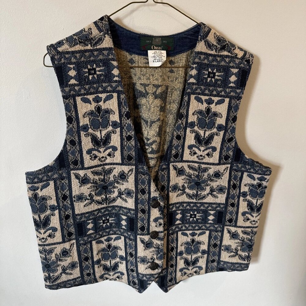 Orvis Womens XL Vintage Southwestern Aztec Tribal Tapestry Vest Metal Buttons